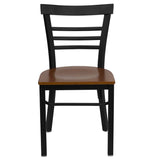 English Elm Commercial Grade Series Black Three-Slat Ladder Back Metal Restaurant Chair - Cherry Wood Seat