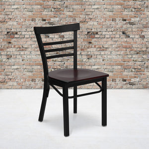 English Elm Commercial Grade Series Black Three-Slat Ladder Back Metal Restaurant Chair - Mahogany Wood Seat