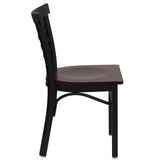 English Elm Commercial Grade Series Black Three-Slat Ladder Back Metal Restaurant Chair - Mahogany Wood Seat