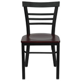 English Elm Commercial Grade Series Black Three-Slat Ladder Back Metal Restaurant Chair - Mahogany Wood Seat