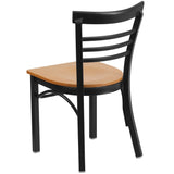 English Elm Commercial Grade Series Black Three-Slat Ladder Back Metal Restaurant Chair - Wood Seat