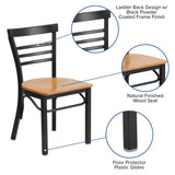 English Elm Commercial Grade Series Black Three-Slat Ladder Back Metal Restaurant Chair - Wood Seat