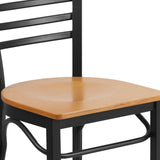 English Elm Commercial Grade Series Black Three-Slat Ladder Back Metal Restaurant Chair - Wood Seat