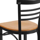 English Elm Commercial Grade Series Black Three-Slat Ladder Back Metal Restaurant Chair - Wood Seat