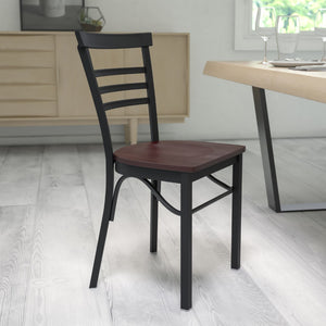 English Elm Commercial Grade Series Black Three-Slat Ladder Back Metal Restaurant Chair - Walnut Wood Seat