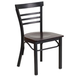 English Elm Commercial Grade Series Black Three-Slat Ladder Back Metal Restaurant Chair - Walnut Wood Seat