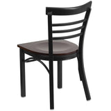 English Elm Commercial Grade Series Black Three-Slat Ladder Back Metal Restaurant Chair - Walnut Wood Seat