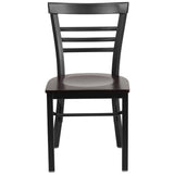 English Elm Commercial Grade Series Black Three-Slat Ladder Back Metal Restaurant Chair - Walnut Wood Seat