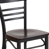 English Elm Commercial Grade Series Black Three-Slat Ladder Back Metal Restaurant Chair - Walnut Wood Seat