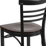 English Elm Commercial Grade Series Black Three-Slat Ladder Back Metal Restaurant Chair - Walnut Wood Seat