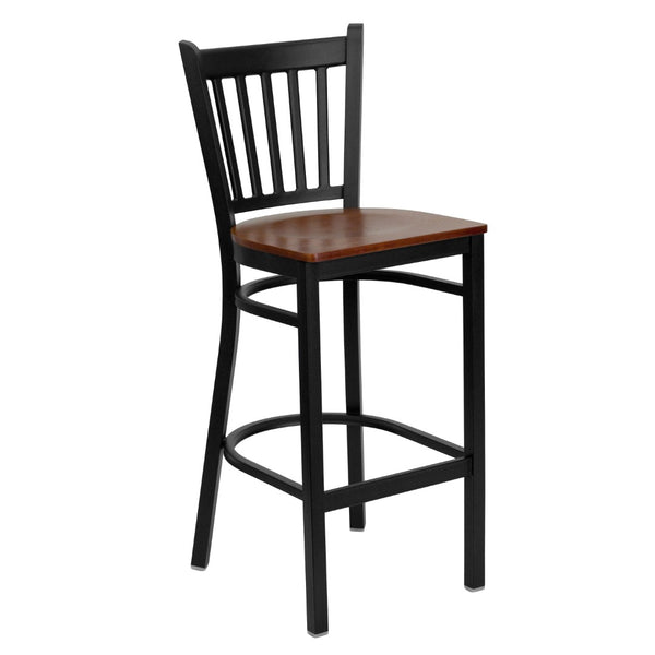 English Elm Commercial Grade Series Black Vertical Back Metal Restaurant Barstool - Cherry Wood Seat