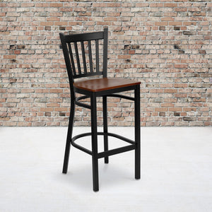 English Elm Commercial Grade Series Black Vertical Back Metal Restaurant Barstool - Cherry Wood Seat