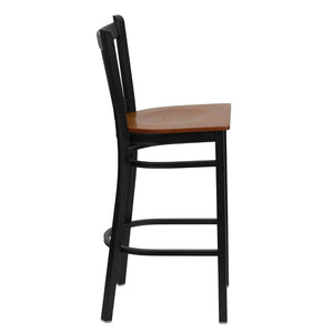 English Elm Commercial Grade Series Black Vertical Back Metal Restaurant Barstool - Cherry Wood Seat