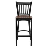 English Elm Commercial Grade Series Black Vertical Back Metal Restaurant Barstool - Cherry Wood Seat