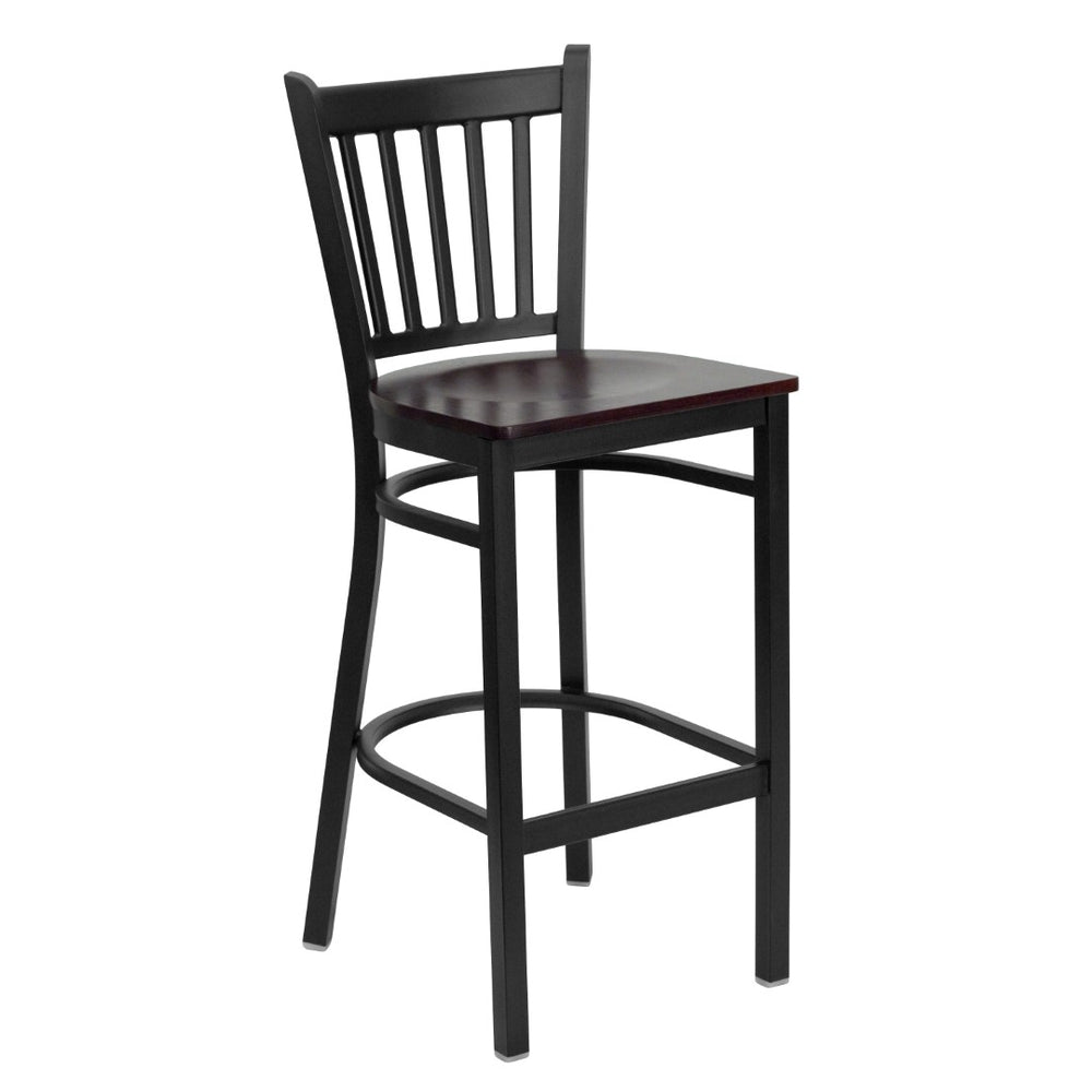 English Elm Commercial Grade Series Black Vertical Back Metal Restaurant Barstool - Mahogany Wood Seat