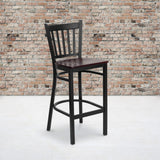 Commercial Grade Series Black Vertical Back Metal Restaurant Barstool - Mahogany Wood Seat