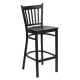 English Elm Commercial Grade Series Black Vertical Back Metal Restaurant Barstool - Mahogany Wood Seat