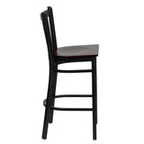 English Elm Commercial Grade Series Black Vertical Back Metal Restaurant Barstool - Mahogany Wood Seat