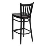 English Elm Commercial Grade Series Black Vertical Back Metal Restaurant Barstool - Mahogany Wood Seat