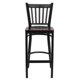 English Elm Commercial Grade Series Black Vertical Back Metal Restaurant Barstool - Mahogany Wood Seat