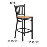 English Elm Commercial Grade Series Black Vertical Back Metal Restaurant Barstool - Wood Seat