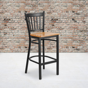 English Elm Commercial Grade Series Black Vertical Back Metal Restaurant Barstool - Wood Seat