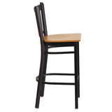 English Elm Commercial Grade Series Black Vertical Back Metal Restaurant Barstool - Wood Seat