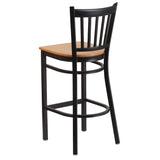 English Elm Commercial Grade Series Black Vertical Back Metal Restaurant Barstool - Wood Seat