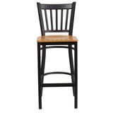 English Elm Commercial Grade Series Black Vertical Back Metal Restaurant Barstool - Wood Seat