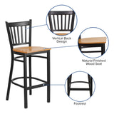 English Elm Commercial Grade Series Black Vertical Back Metal Restaurant Barstool - Wood Seat