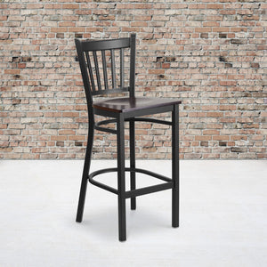 English Elm Commercial Grade Series Black Vertical Back Metal Restaurant Barstool - Walnut Wood Seat