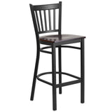 English Elm Commercial Grade Series Black Vertical Back Metal Restaurant Barstool - Walnut Wood Seat