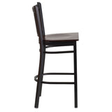 English Elm Commercial Grade Series Black Vertical Back Metal Restaurant Barstool - Walnut Wood Seat