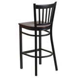 English Elm Commercial Grade Series Black Vertical Back Metal Restaurant Barstool - Walnut Wood Seat