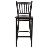 English Elm Commercial Grade Series Black Vertical Back Metal Restaurant Barstool - Walnut Wood Seat