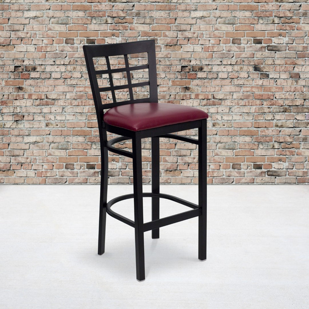 English Elm Commercial Grade Series Black Window Back Metal Restaurant Barstool - Vinyl Seat