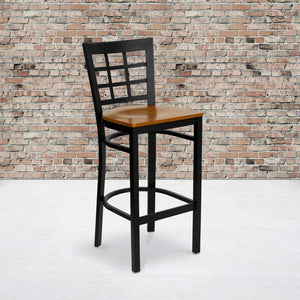 English Elm Commercial Grade Series Black Window Back Metal Restaurant Barstool - Cherry Wood Seat