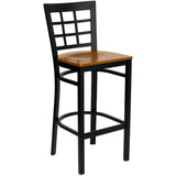 English Elm Commercial Grade Series Black Window Back Metal Restaurant Barstool - Cherry Wood Seat