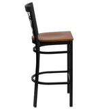 English Elm Commercial Grade Series Black Window Back Metal Restaurant Barstool - Cherry Wood Seat