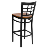 English Elm Commercial Grade Series Black Window Back Metal Restaurant Barstool - Cherry Wood Seat