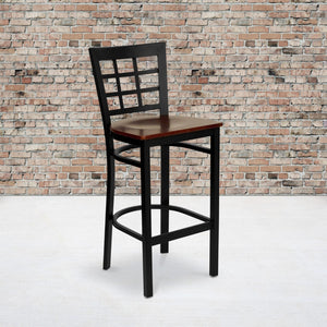 English Elm Commercial Grade Series Black Window Back Metal Restaurant Barstool - Mahogany Wood Seat