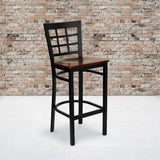 Commercial Grade Series Black Window Back Metal Restaurant Barstool - Mahogany Wood Seat