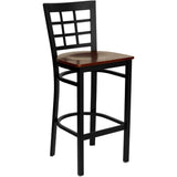 English Elm Commercial Grade Series Black Window Back Metal Restaurant Barstool - Mahogany Wood Seat