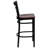 English Elm Commercial Grade Series Black Window Back Metal Restaurant Barstool - Mahogany Wood Seat