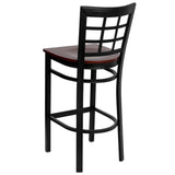 English Elm Commercial Grade Series Black Window Back Metal Restaurant Barstool - Mahogany Wood Seat