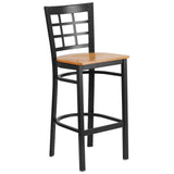 English Elm Commercial Grade Series Black Window Back Metal Restaurant Barstool - Wood Seat