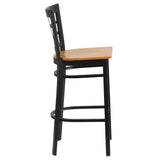 English Elm Commercial Grade Series Black Window Back Metal Restaurant Barstool - Wood Seat