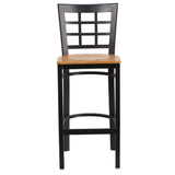 English Elm Commercial Grade Series Black Window Back Metal Restaurant Barstool - Wood Seat