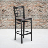 English Elm Commercial Grade Series Black Window Back Metal Restaurant Barstool - Walnut Wood Seat