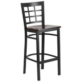 English Elm Commercial Grade Series Black Window Back Metal Restaurant Barstool - Walnut Wood Seat